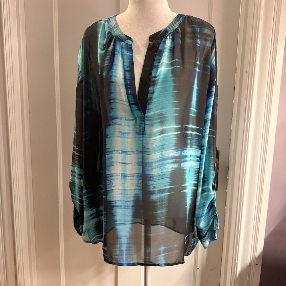 Two By Vince Camuto Blue Teal Semi-sheer Tye Dye Blouse Size Medium